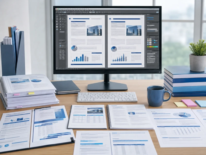 Source and translated business documents displayed side by side with matching layouts, tables, charts and corporate formatting