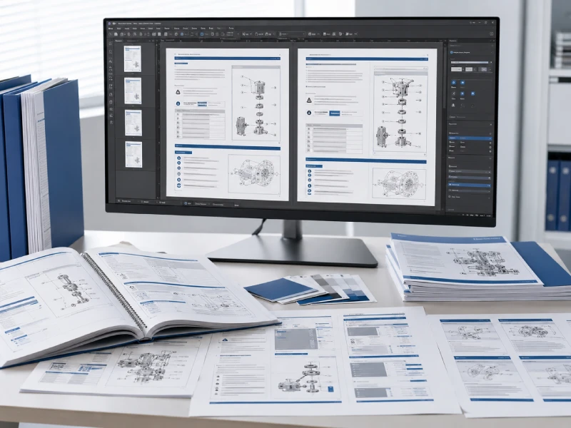 Multilingual technical manual pages showing adjusted tables, warning boxes, numbered procedures, diagrams, captions and page layouts