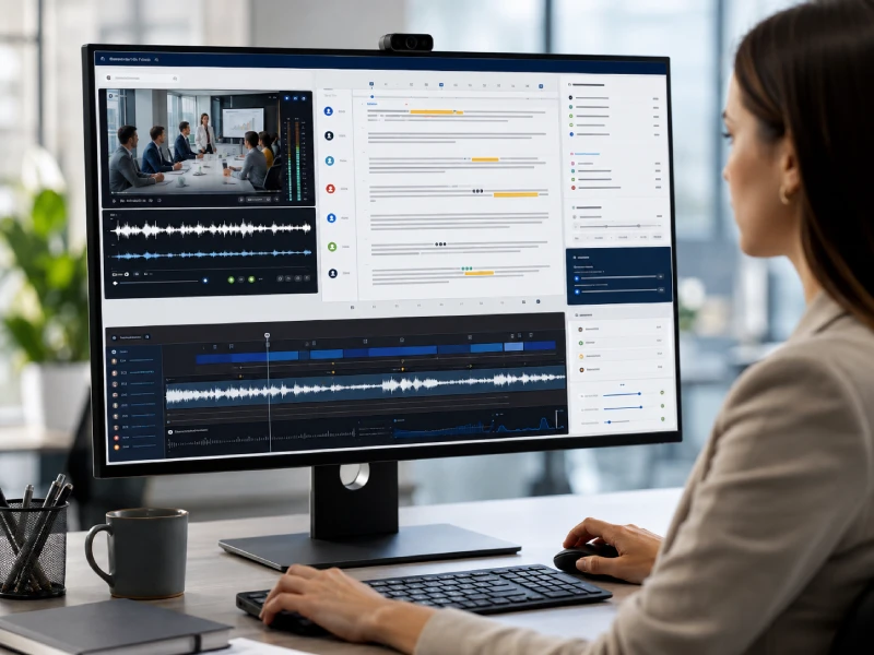 AI-assisted video transcription interface with waveform, speaker labels, timestamps, subtitle timing and human transcript review