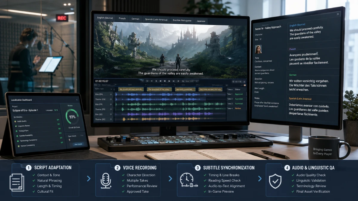 Professional game audio localization studio reviewing multilingual voiceover scripts, subtitle timing and recorded dialogue
