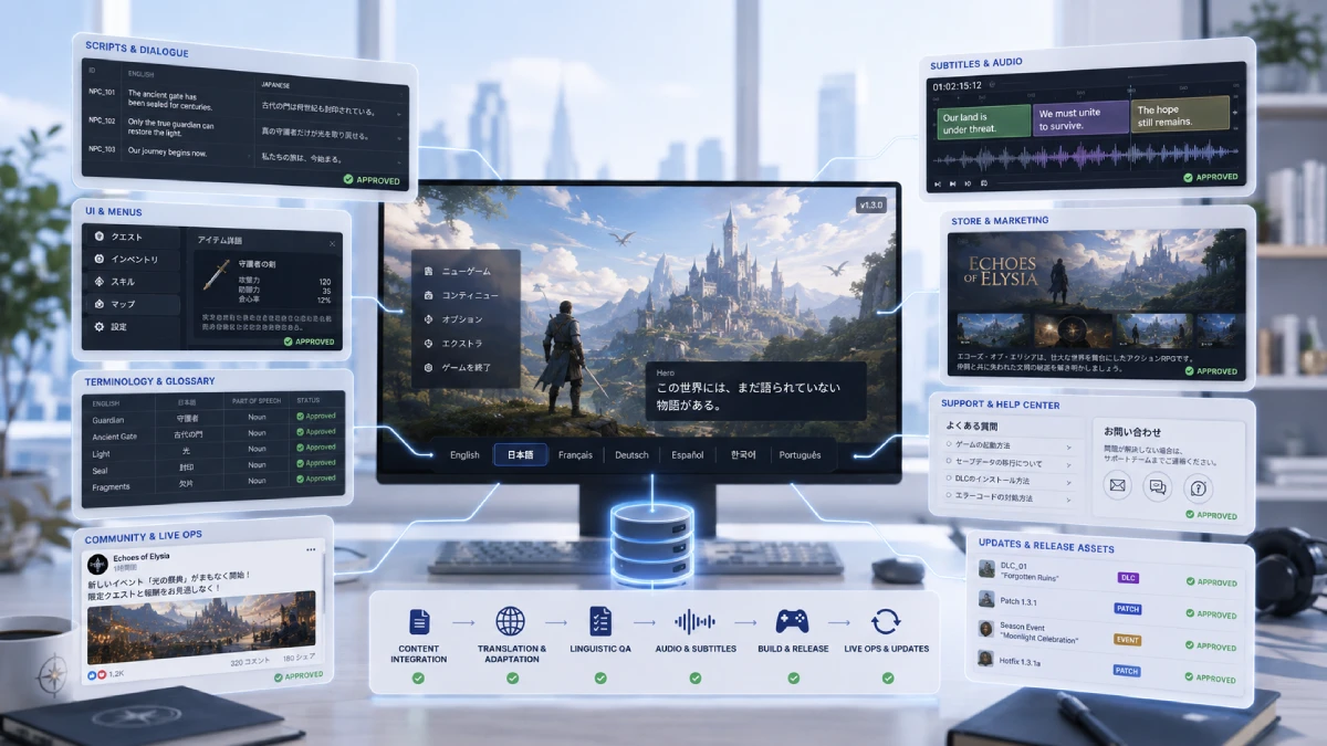 Game localization content workbench showing scripts, UI strings, subtitles, store content, marketing assets and audio materials