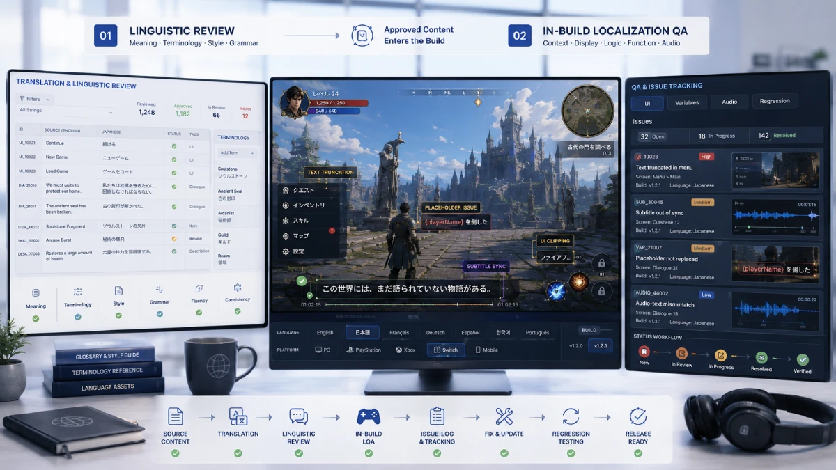 Game localization quality assurance testing showing localized interface review, text truncation, subtitle timing and bug reporting