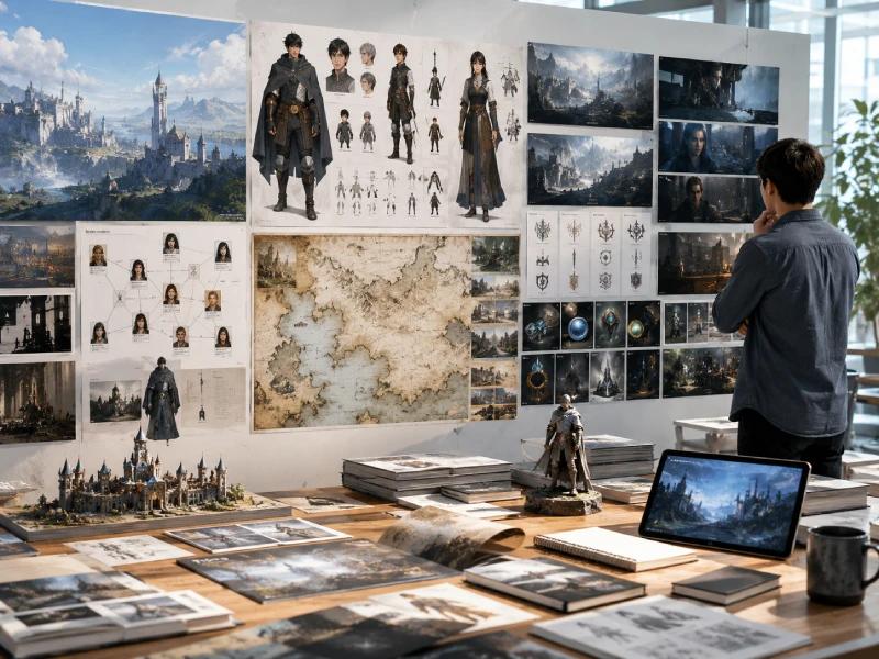 Game narrative development environment with fictional worldbuilding, character concepts and story content