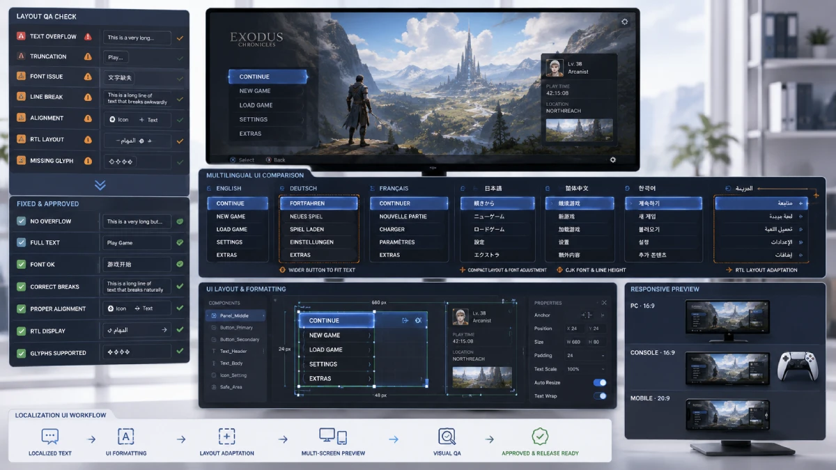 Professional game localization workspace reviewing multilingual user interface layouts, subtitles and visual game assets