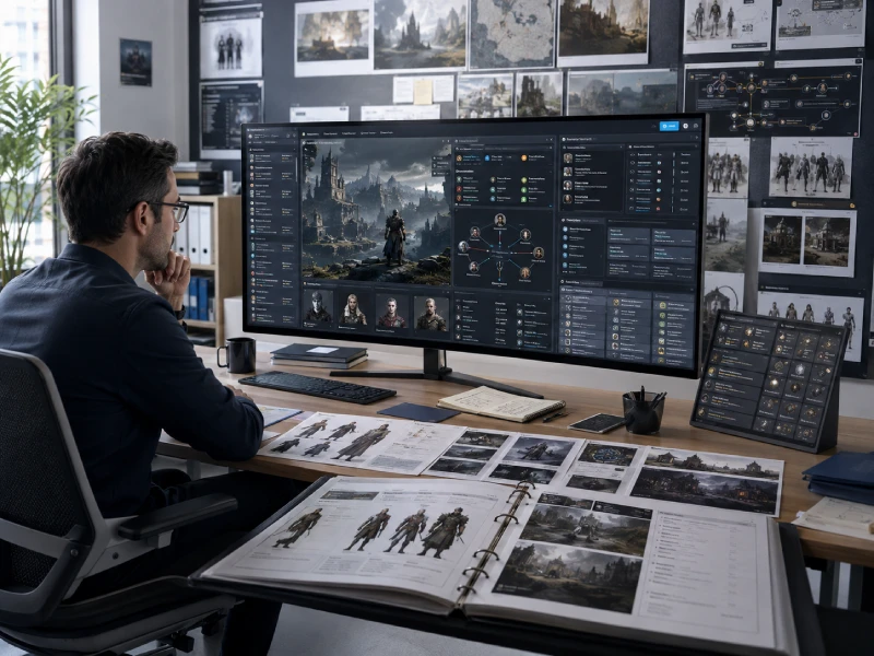 Gaming content specialist reviewing game narrative, interface context and terminology in a professional production environment