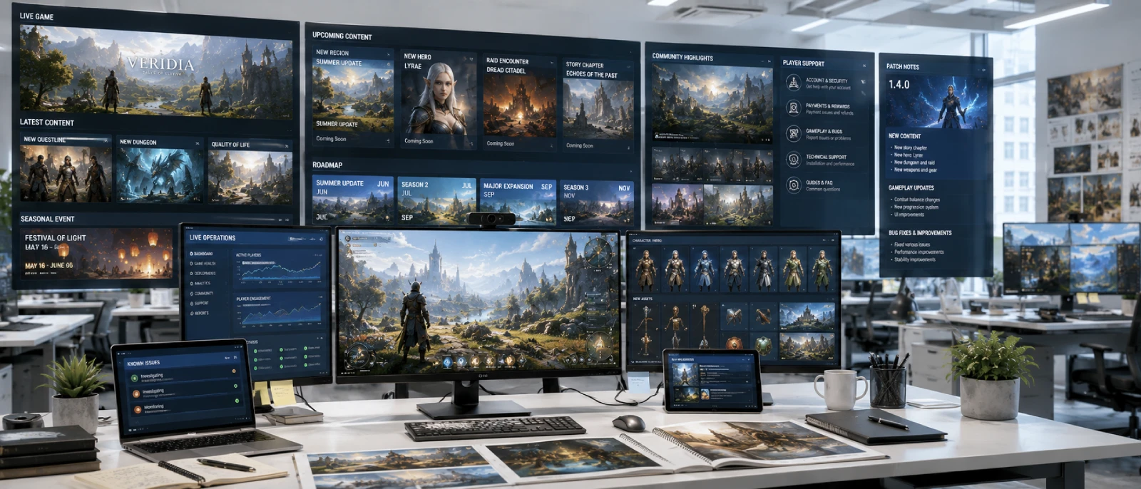 Live-service game production environment supporting patches, DLC, seasonal events and ongoing player content