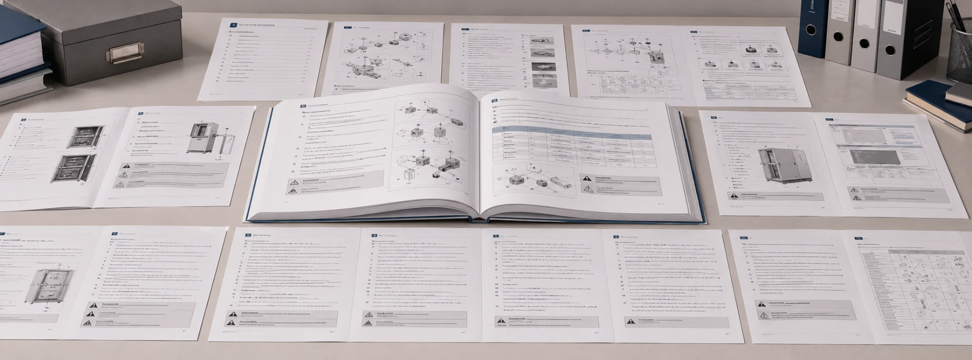 Multilingual technical manual showing diagrams, numbered instructions, warning boxes, tables and formatted page layouts