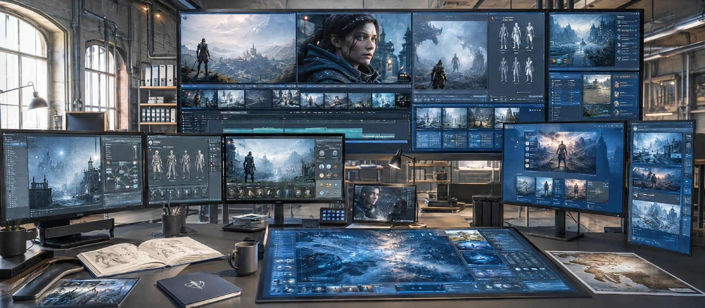 Multilingual game content ecosystem across gameplay, narrative, media and player-facing experiences