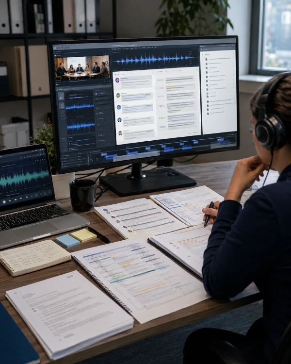 Professional audio transcription workflow with source audio transcript review and quality assurance