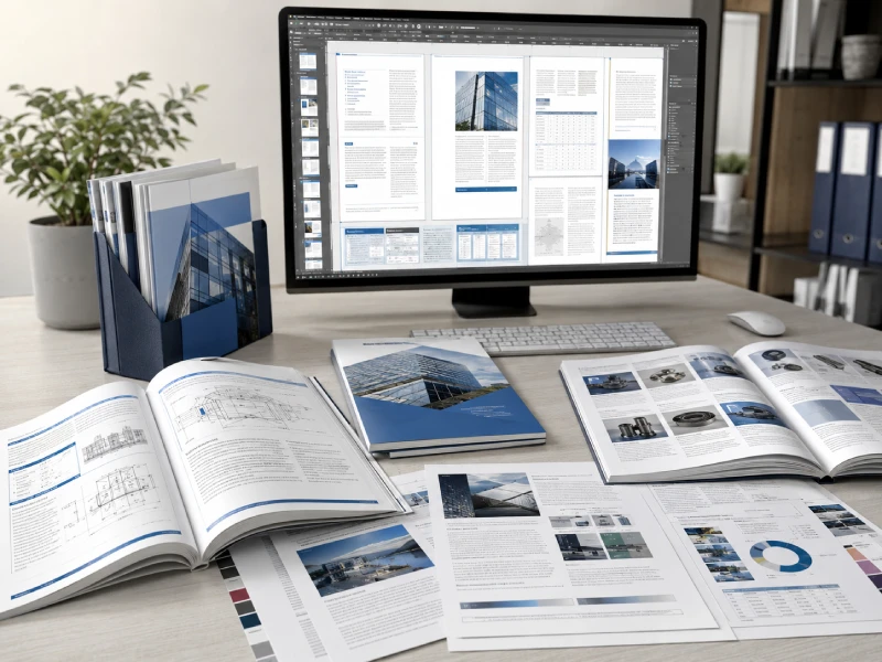 Professional multilingual desktop publishing workspace with translated manuals, brochures, catalogs and digital documents