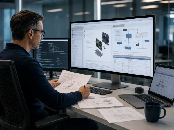 Technical content specialist reviewing complex technology documentation and digital product materials