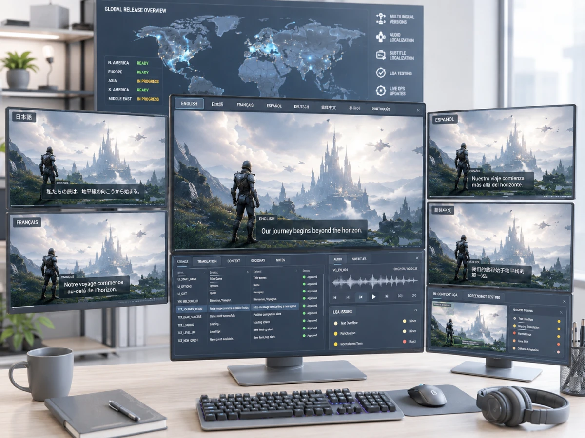 Professional video game localization workspace showing game UI strings, subtitle review, and multilingual project coordination