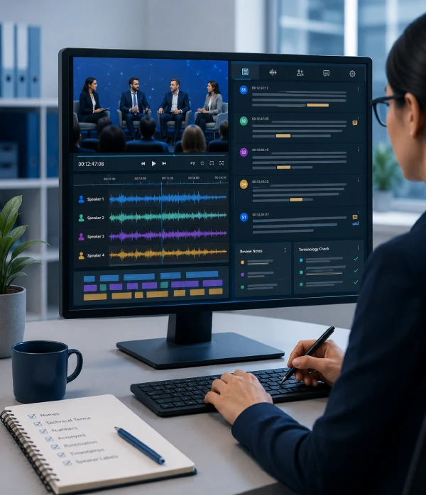Professional reviewer checking video transcription accuracy, terminology, speaker labels and timestamps