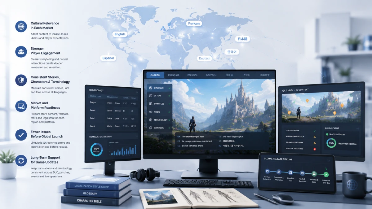 Localized video game interface with clear dialogue, menus, subtitles and player instructions